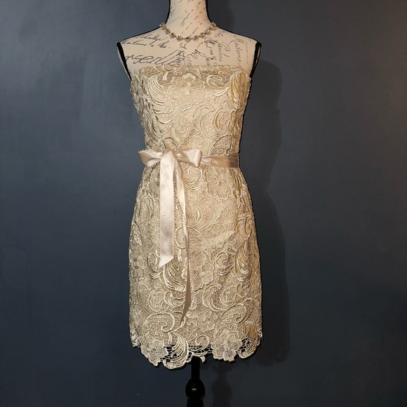 Adrianna Papell Strapless Lace Dress - Beige - Picture 3 of 7